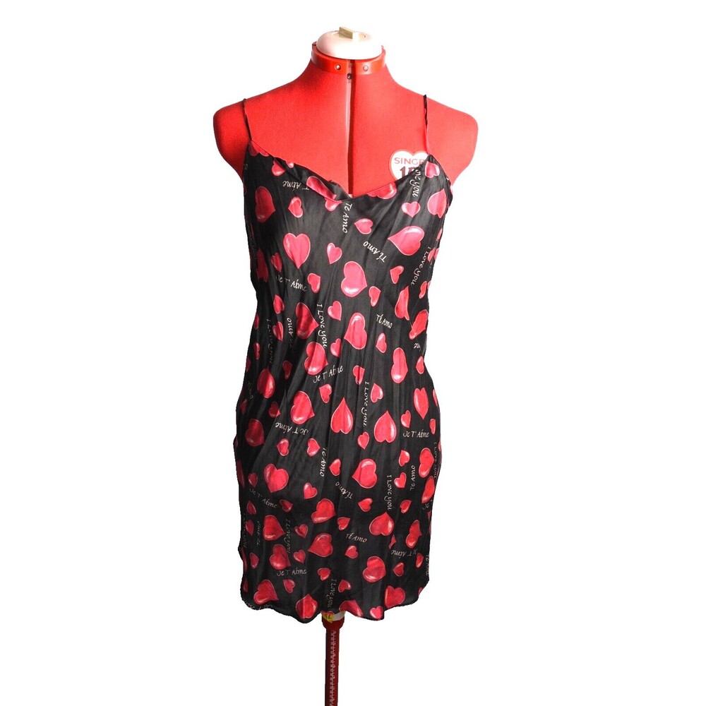 100% Silk Nightgown M Chemise slip dress Heart Love You Black Red Te Amo Medium